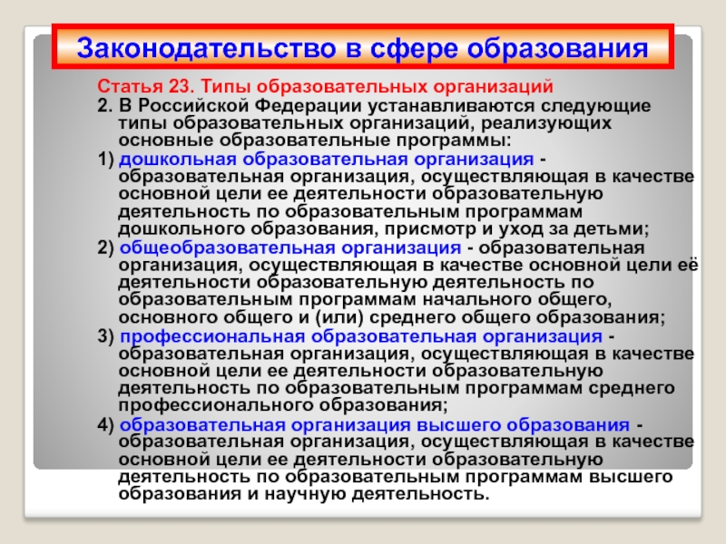Статья 23. Типы образовательных организаций 2. В Российской Федерации устанавливаются следующие типы образовательных организаций, реализующих основные образовательные