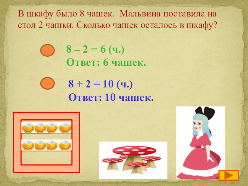 Решить задачу набор. Математическая задача ответ стол. Задача по математике 2 класс было 2 чашки. Задачи сколько было 8 чашек. Сколько чашек на столе.