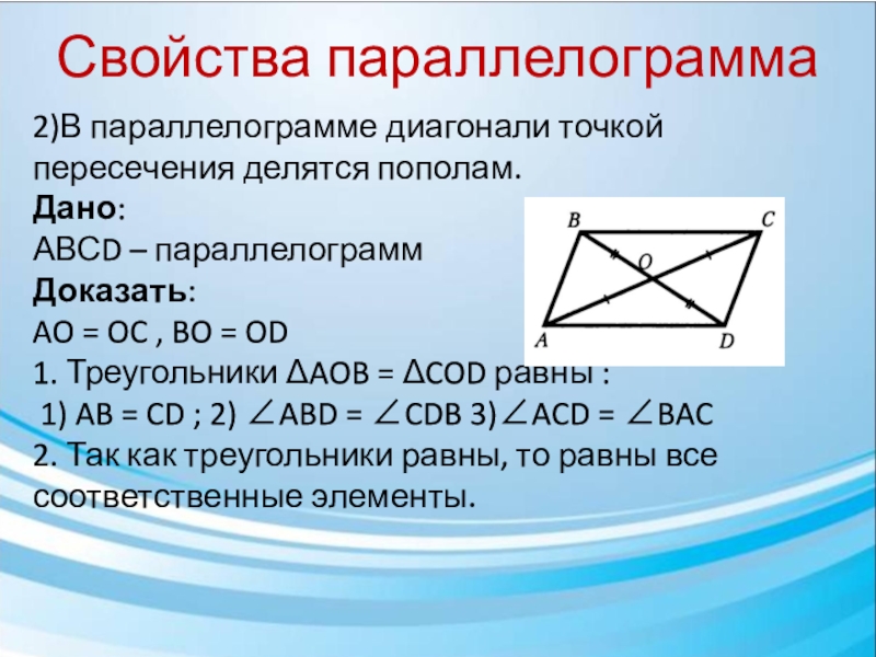 Диагонали точкой пересечения делятся пополам