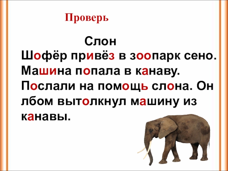 Слово слон сколько букв и звуков. Изложение про слона. Шофер привез в зоопарк сено. Предложение про слона 1 класс.