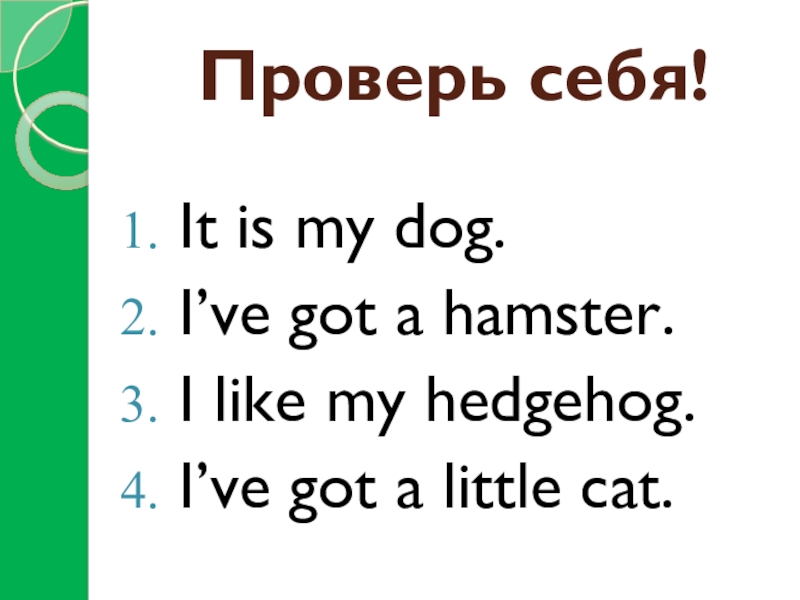Проверь себя!It is my dog.I’ve got a hamster.I like my hedgehog.I’ve got a little cat.