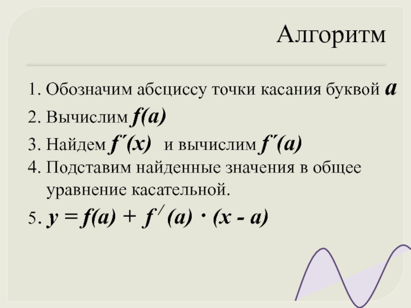 Алгоритм 1. Обозначим абсциссу точки касания буквой а2. Вычислим f(а)3. Найдем f´(x) и вычислим f´(а) 4. Подставим