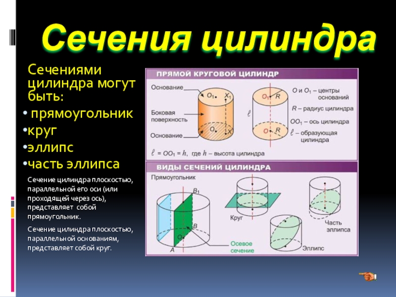 Сечение цилиндра. Сечение цилиндра наклонной плоскостью. Виды сечений цилиндра. Параллельное сечение цилиндра.