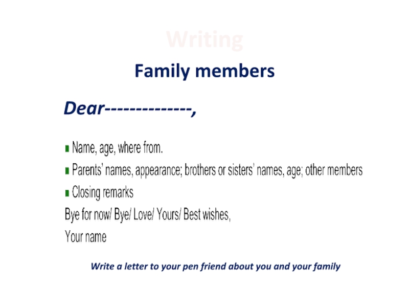 WritingFamily membersDear--------------,Write a letter to your pen friend about you and your family