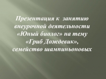 Презентация к занятию внеурочной деятельности Юный биолог на тему гриб дождевик, семейство шампиньоновых.