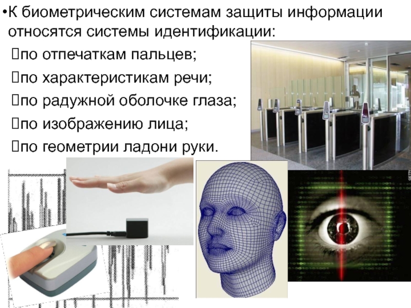 К биометрическим системам защиты информации относятся системы идентификации:по отпечаткам пальцев;по характеристикам речи;по радужной оболочке глаза;по изображению лица;по