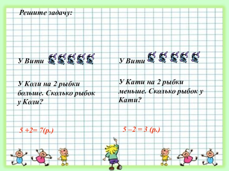 Реши задачу катя. У Вити 5 рыбок у коли на 2 рыбки больше. У коли на 2 рыбки больше сколько. У коли на 2 рыбки больше сколько рыбок у коли. У Вити 5 рыбок у коли.