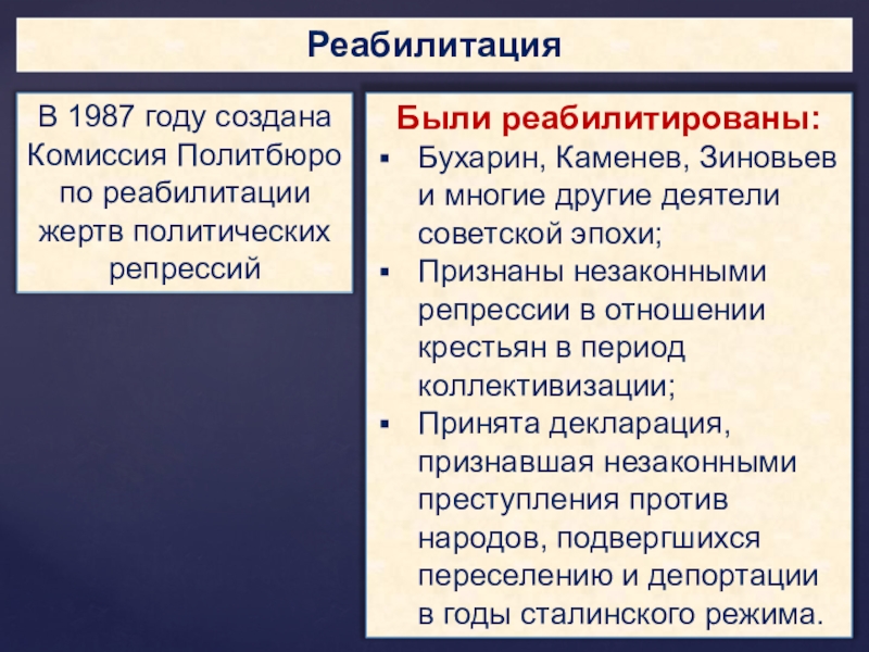 РеабилитацияВ 1987 году создана Комиссия Политбюро по реабилитации жертв политических репрессийБыли реабилитированы:Бухарин, Каменев, Зиновьев и многие другие