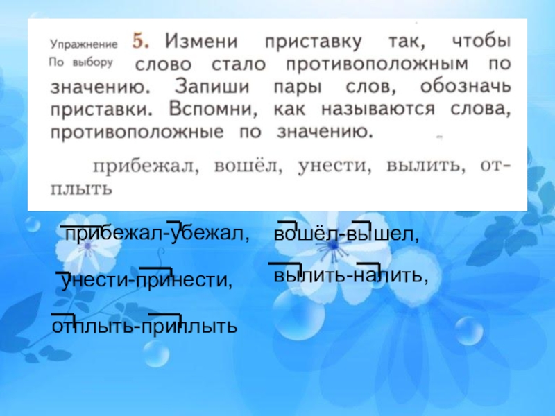 Обозначение слова станут. Прибежал противоположное по значению. Прибежал вошел унести. Вылить противоположное слово. Прибежал ,вышёл ,унести ,вылить ,отплыть.