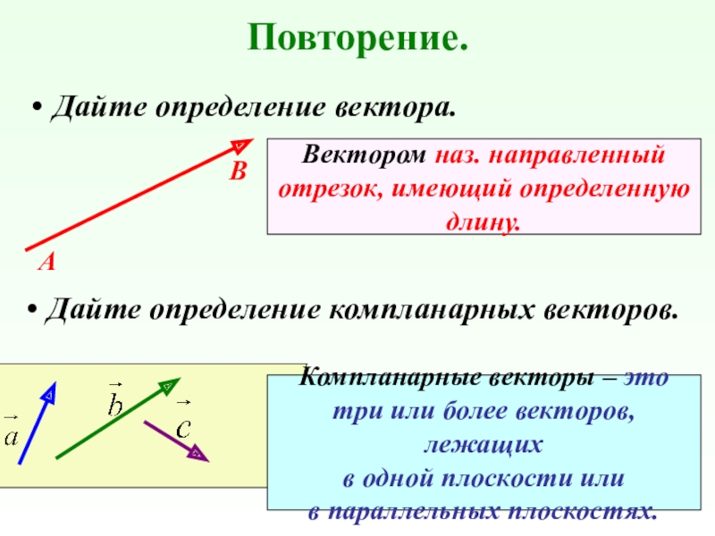 Повторить определения. Определение вектора. Коллинеарные и компланарные векторы. Дать определение вектора. Векторы в пространстве вектор направленный отрезок.