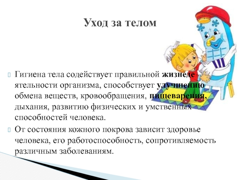 Гигиена тела содействует правильной жизнеде­ятельности организма, способствует улучшению обмена веществ, кровообращения, пищеварения, дыхания, развитию физических и умственных