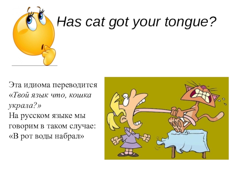 Идиома перевод на русский. Cat got your tongue идиома. Has the Cat got your tongue? Идиома. Идиома это. Cat got your tongue? – «Язык проглотил?».