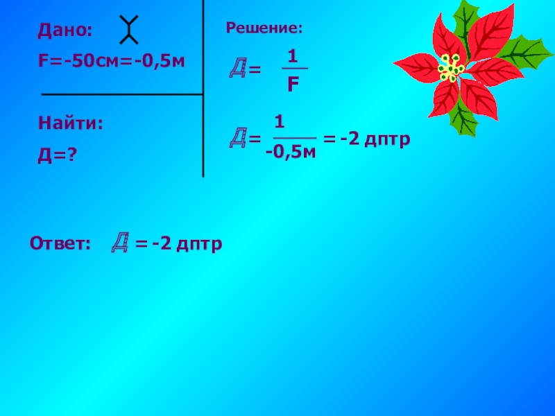 Найти d 2. Дано f 20см f 1м. Дптр в см. 2 М-1 дптр. D= , [D] = дптр..