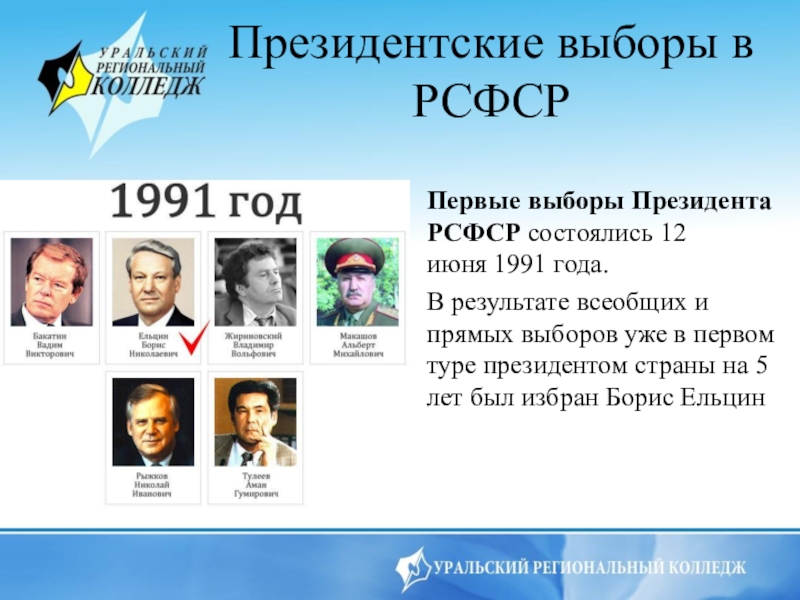В каком году состоятся президентские выборы. Президентские выборы в РСФСР. Выборы президента РФ 1991. Президентские выборы 1991 года. Президентские выборы 12 июня 1991.