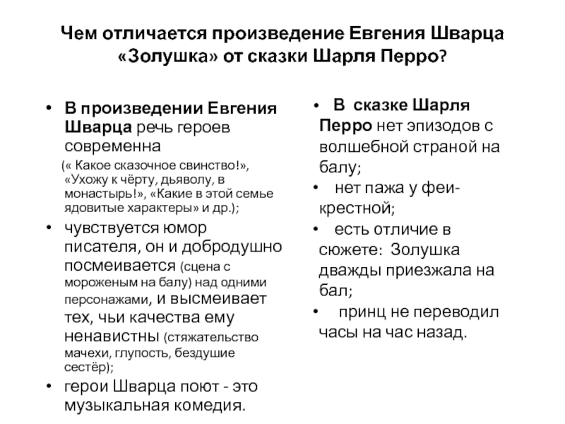 Чем отличается произведение Евгения Шварца «Золушка» от сказки Шарля Перро?В произведении Евгения Шварца речь героев современна