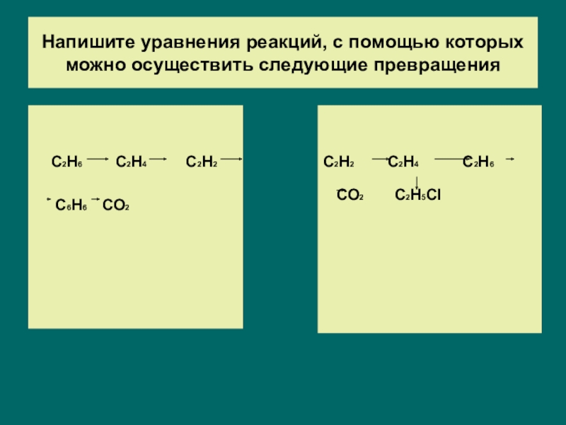 Составьте уравнения реакций назовите все вещества. Уравнение реакции. С2н6 -с2н2 - с6н6-с6н5сl. С6н6 – это реакция……..». Напишите уравнения реакций.