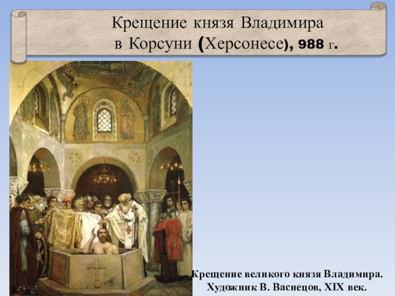 Крещение владимира город. «Крещение Великого князя Владимира» Васнецова. «Крещение Великого князя Владимира в Корсуни» (1829 г.). Крещение князя Владимира презентация. Крещение князя Владимира 4 класс.