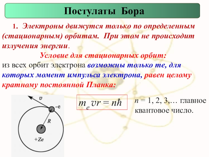 Стационарный электрон. Теория Бора. Основные положения теории Бора. Стационарные орбиты электрона. Постулаты Бора.