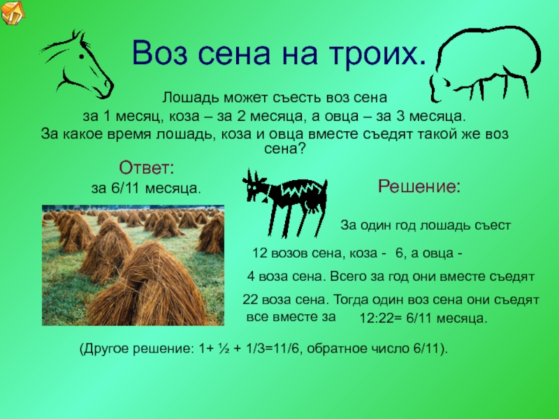 Сена длина. Лошадь может съесть воз сена за 1 месяц коза за 2 месяца овца за 3 месяца. Лошадь может съесть воз сена за 1 месяц. Воз сена. Лошадь съедает воз сена за месяц коза за два.