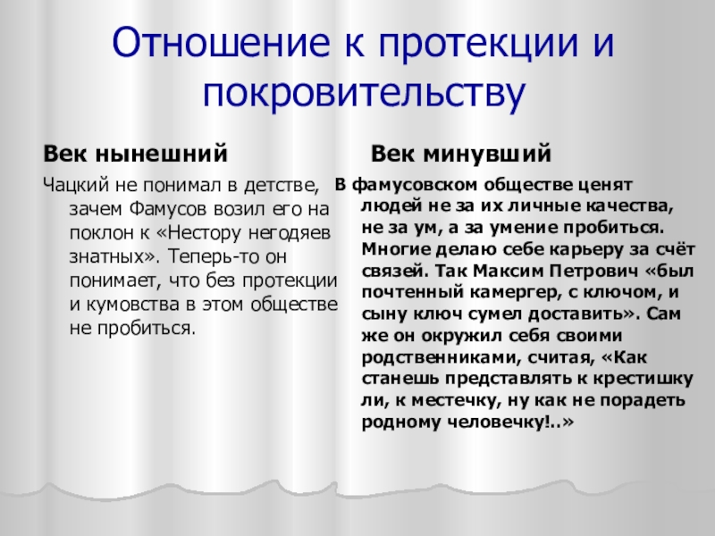 Отношение к протекции и покровительствуВек нынешнийЧацкий не понимал в детстве, зачем Фамусов возил его на поклон к