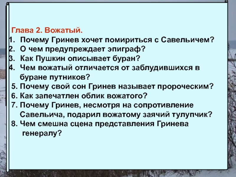 Глава 2. Вожатый.Почему Гринев хочет помириться с Савельичем?О чем предупреждает эпиграф? Как Пушкин описывает буран?Чем вожатый отличается