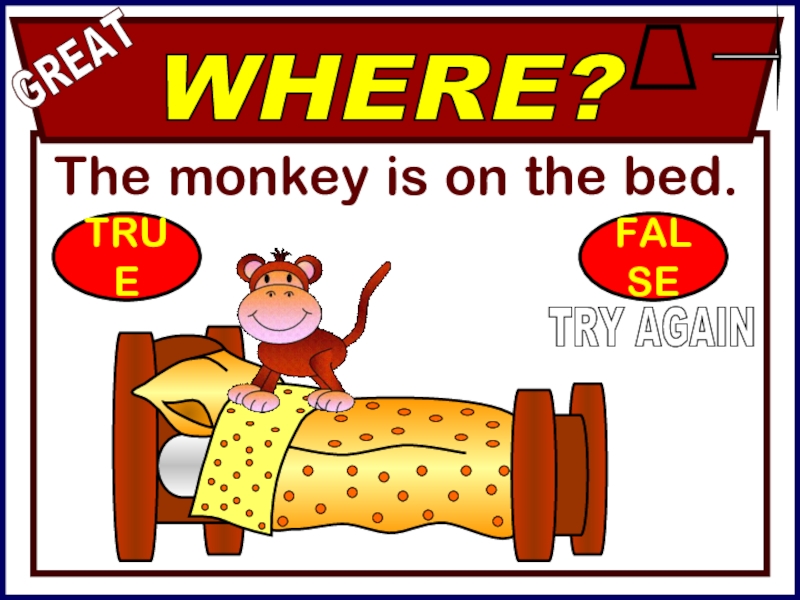 The monkey is on the bed.WHERE?GREATTRY AGAINTRUEFALSE