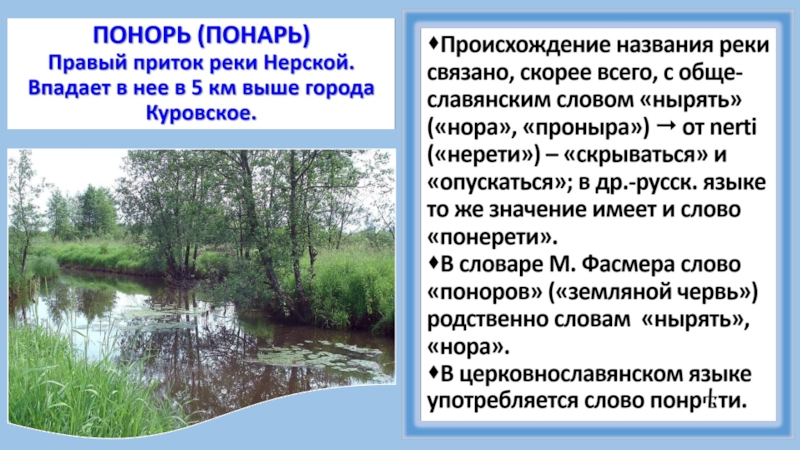 Название реки ея. Происхождение названия реки. Река Понарь в Орехово-Зуевском районе. Река Понорь. Названия связанные с рекой.