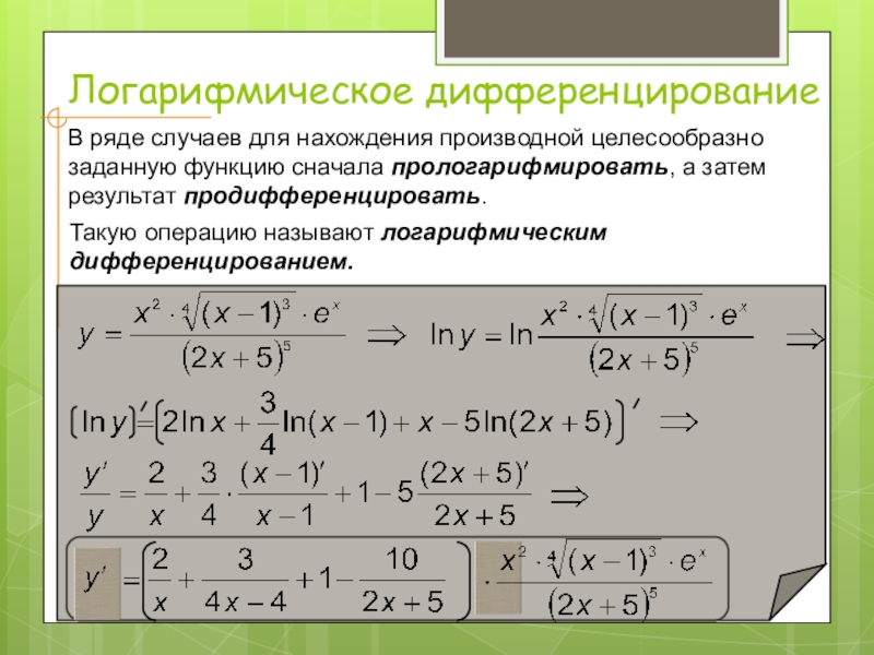 Производная логарифмической функции презентация