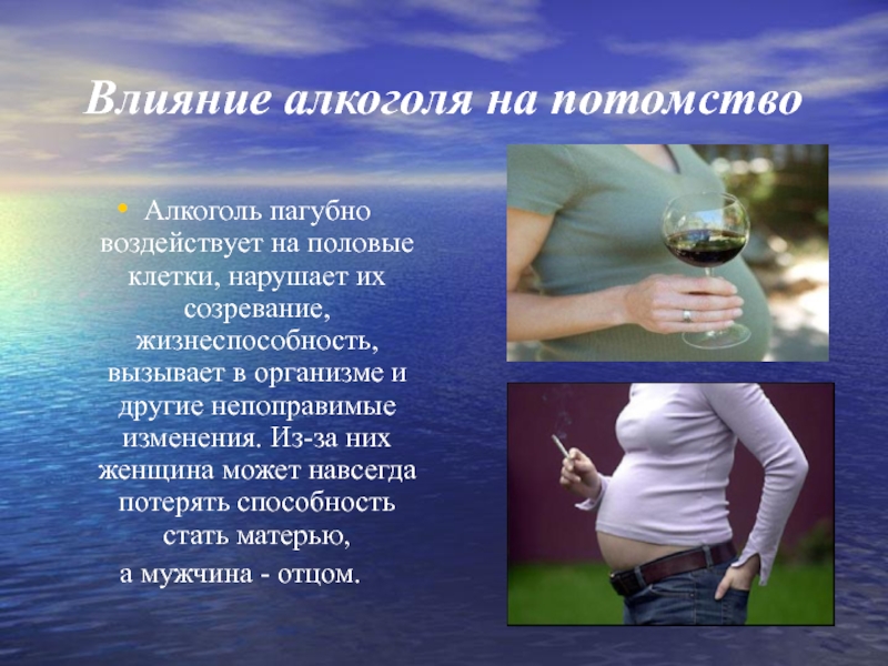 Влияние алкоголя на потомство Алкоголь пагубно воздействует на половые клетки, нарушает их созревание, жизнеспособность, вызывает в организме