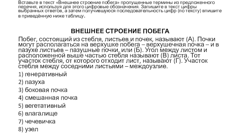 впишите пропущенные термины. побег текст. участок стебля на котором развивается лист называют. значение побега. побеги травы.