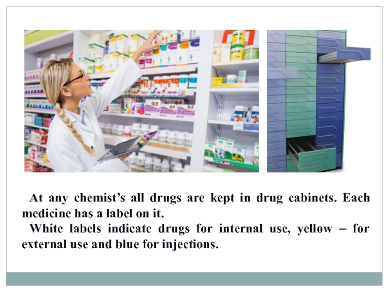 At any chemist’s all drugs are kept in drug cabinets. Each medicine has a label on it.White