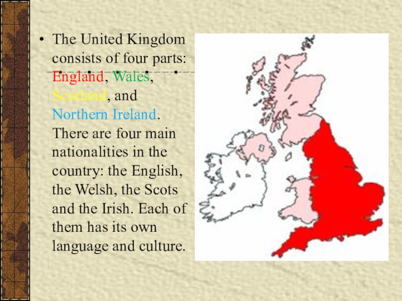 The uk consists of countries. The United Kingdom consists of. The United Kingdom consists of England Scotland Wales. The uk consists of four Countries: England, Scotland, Wales and Northern Ireland.. Great Britain consist of 4 Parts.
