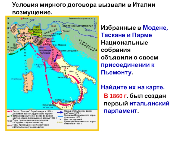 Объединение италии век. Объединение Италии 1850 кратко. Борьба за независимость и национальное объединение Италии. Объединение Италии схема. К 1860 Г. К Пьемонту присоединилась Папская Романья и Рим..