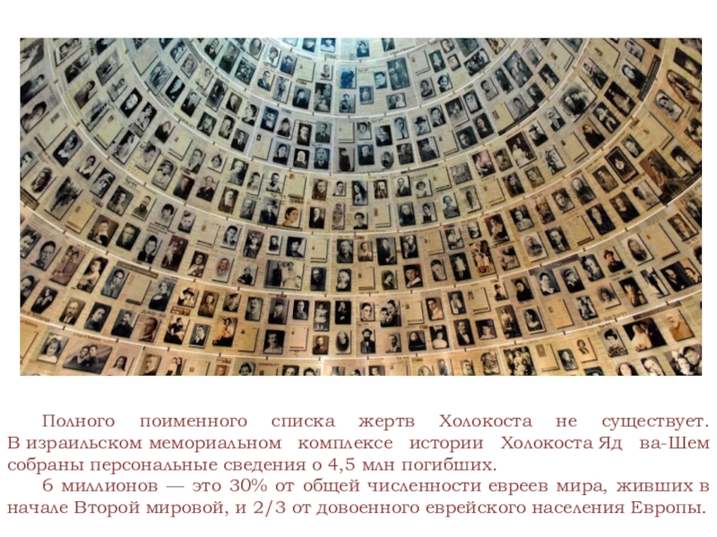 Полного поименного списка жертв Холокоста не существует. В израильском мемориальном комплексе истории Холокоста Яд ва-Шем собраны персональные сведения о 4,5