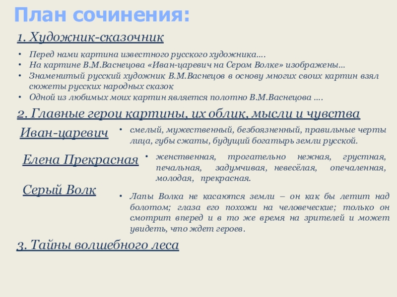 Конспект урока сочинение по картине васнецова иван царевич на сером волке 4 класс