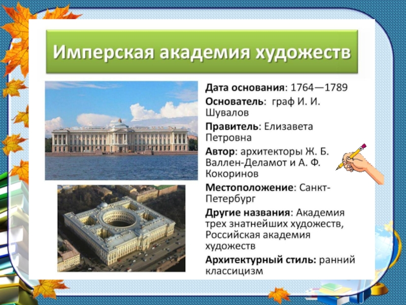 Дата строительства. Академия художеств в Петербурге 1757. Императорская Академия художеств 18 век. Училище при Академии художеств 1764. Здание Академии художеств (1764—1788).