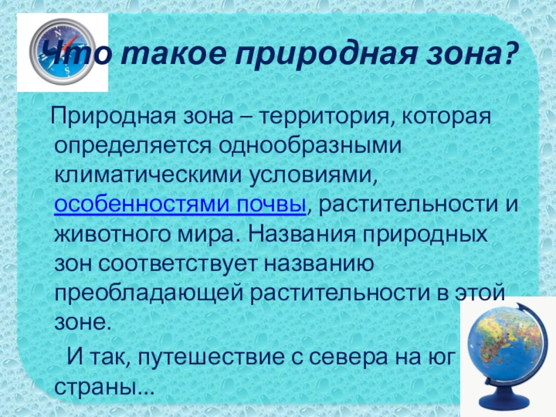 Что такое природная зона? Природная зона – территория, которая определяется однообразными климатическими условиями, особенностями почвы, растительности