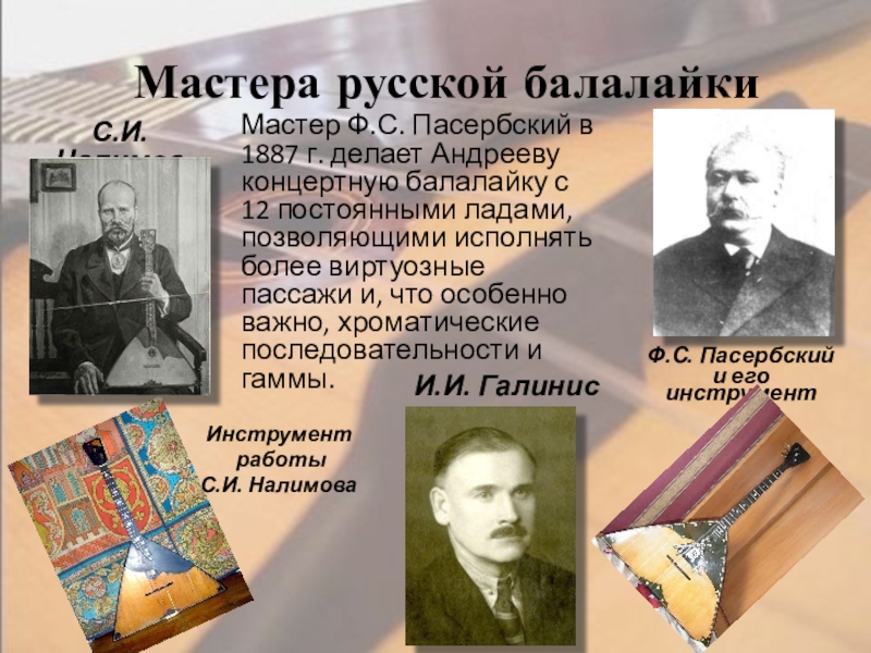 Мастера русской балалайкиС.И. НалимовМастер Ф.С. Пасербский в 1887 г. делает Андрееву концертную балалайку с 12 постоянными ладами, позволяющими