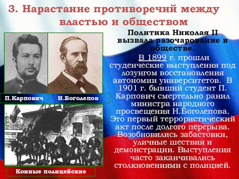 3. Нарастание противоречий между властью и обществомП.КарповичПолитика Николая II вызвала разочарование в обществе.
