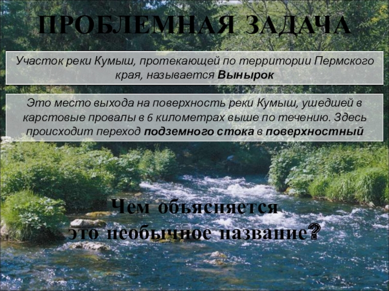 ПРОБЛЕМНАЯ ЗАДАЧАУчасток реки Кумыш, протекающей по территории Пермского края, называется ВынырокЧем объясняется это необычное название?Это место выхода