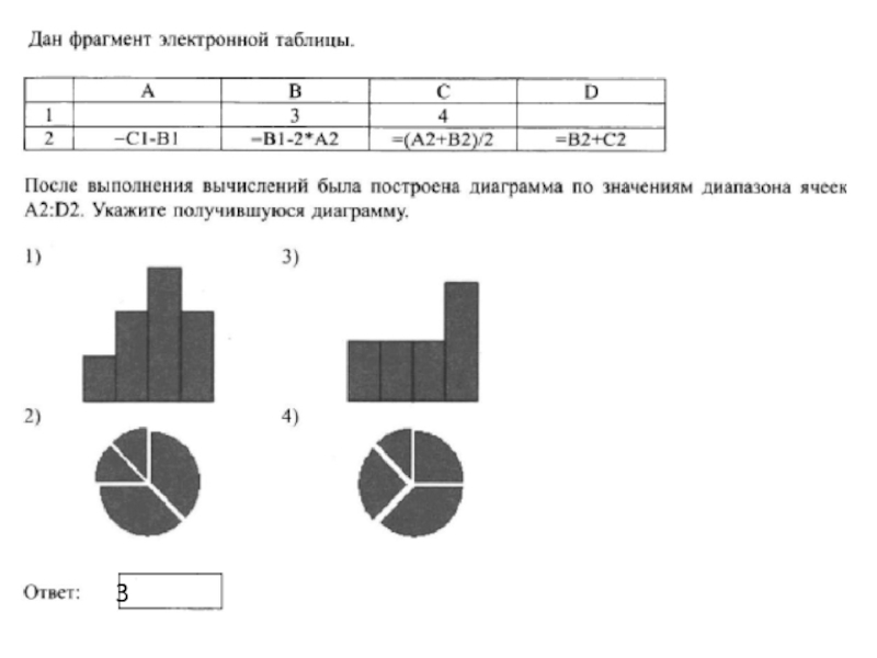 После вычисления была построена диаграмма. После выполнения вычислений была построена диаграмма. Дан фрагмент электронной таблицы после выполнения вычислений. Диаграмма по значениям диапазона ячеек a2:d2. 5 Задание ОГЭ по информатике.