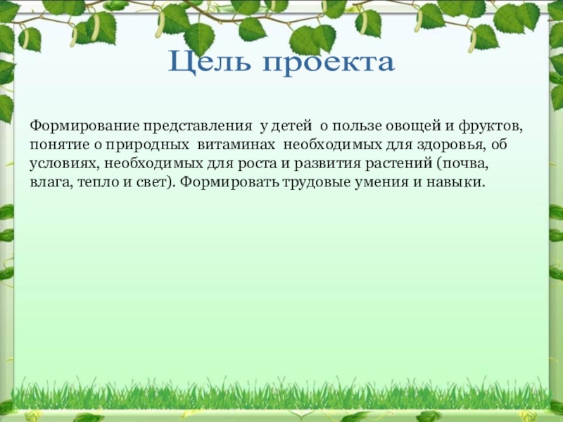 Формирование представления  у детей о пользе овощей и фруктов, понятие о природных  витаминах  необходимых для здоровья, об