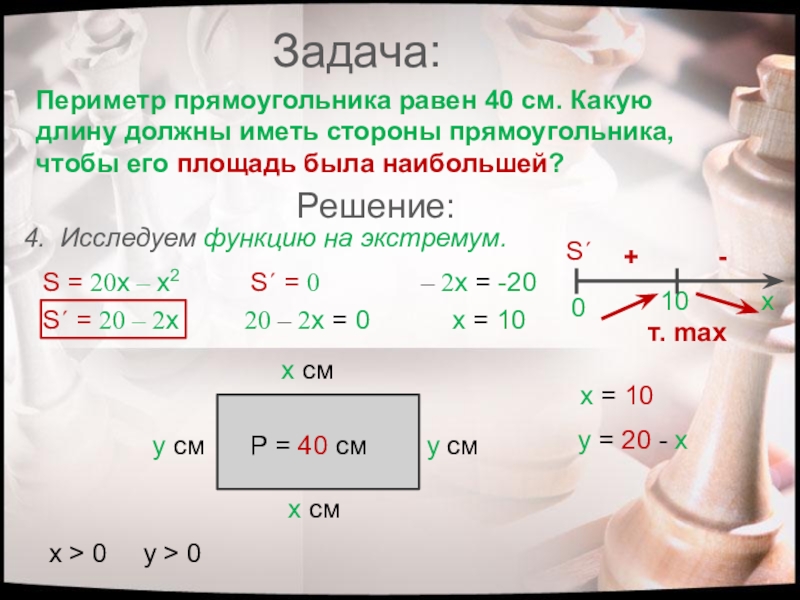 Одна сторона прямоугольника равна 40. Условие задачи периметр прямоугольника. Задача на оптимизацию периметра прямоугольника. Периметр прямоугольника равен 40. Площадь прямоугольника равна 40см.