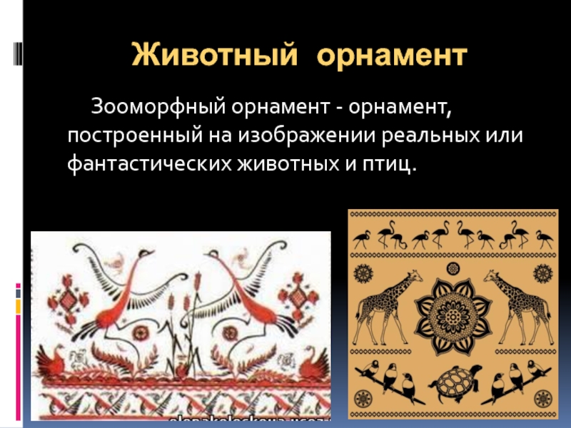 Животный орнамент	Зооморфный орнамент - орнамент, построенный на изображении реальных или фантастических животных и птиц.