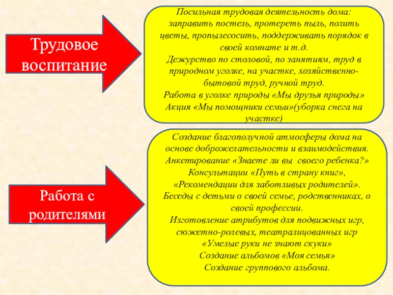 Трудовое воспитаниеПосильная трудовая деятельность дома: заправить постель, протереть пыль, полить цветы, пропылесосить, поддерживать порядок в своей комнате