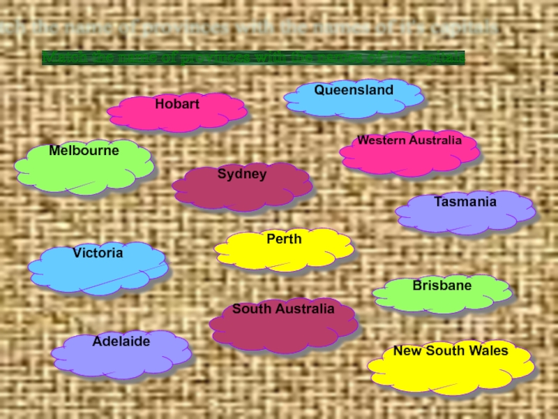 HobartPerthAdelaideVictoriaMelbourneSydneyNew South WalesSouth AustraliaBrisbaneTasmaniaWestern AustraliaQueenslandMatch the name of provinces with the names of it's capitals