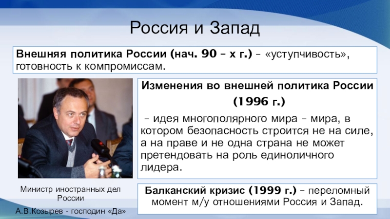 Россия и ЗападМинистр иностранных дел России А.В.Козырев - господин «Да»Внешняя политика России (нач. 90 – х г.)