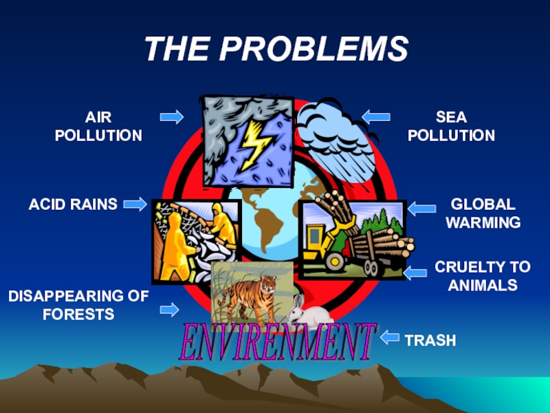 THE PROBLEMSENVIRENMENT AIR POLLUTIONSEA POLLUTIONACID RAINSGLOBAL WARMINGDISAPPEARING OF  FORESTS TRASH CRUELTY TO ANIMALS