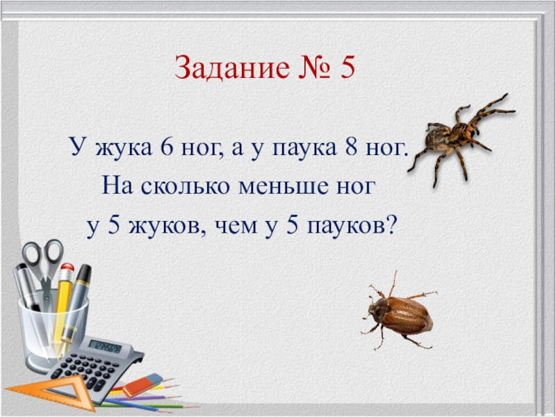 Жуки 3 сколько. Жук 6 ног. Задача 6 ног у паука 8 у жука. Сколько ног у жука. Сколько лапок у паука и жука.