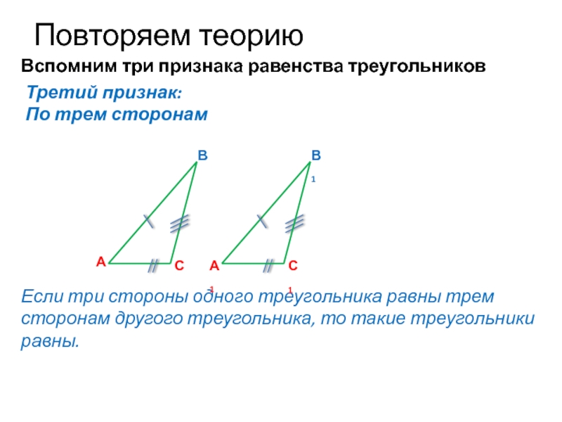Повторяем теориюВАВспомним три признака равенства треугольников СПо трем сторонамЕсли три стороны одного треугольника равны трем сторонам другого